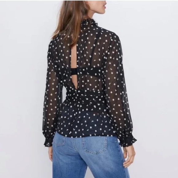 NWOT ZARA Black Sheer High Neck Ruffle Blouse XS - Picture 3 of 11